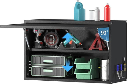 Metal Garage Wall Cabinet,Float Tool Cabinets with Up-Flip Door,Wall Mounted Metal Steel Cabinet for Garage/Home Office/RV/Ware House（Black/19.7" H