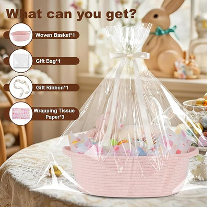 OIAHOMY Gift Basket with Handle, 13.4"x 10"x 5.5" Easter Basket with Gift Bag, Ribbon and Wrap Tissue Paper, Nursery Bins Empty to Fill with Towels, Baby, Pet Toy Organizer - Easter Pink