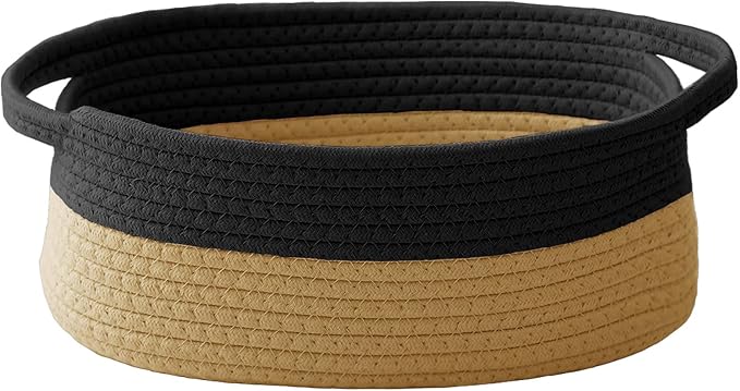 Woven Basket,Small Rope Storage Bin with Handles & Ribbon Bag, Organizer for Shelves Closets,Gift Basket Empty for Birthday,Books,Dog Toys, Black&Jute