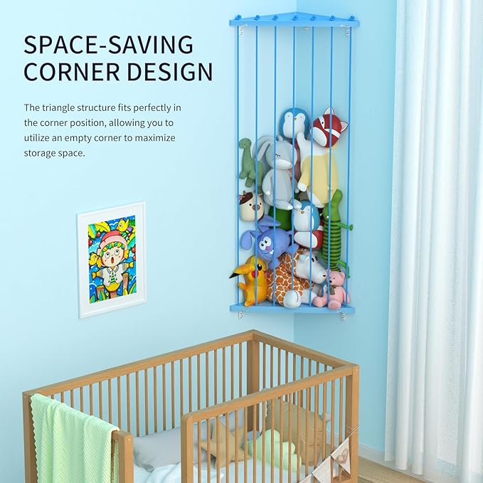 Stuffed Animal Storage Shelf Organizer(Patented) - Corner Stuffed Animal Holder Length Adjustable - Wall Plush Storage for Nursery Playroom Bedroom Kids Room (Blue, Standard)