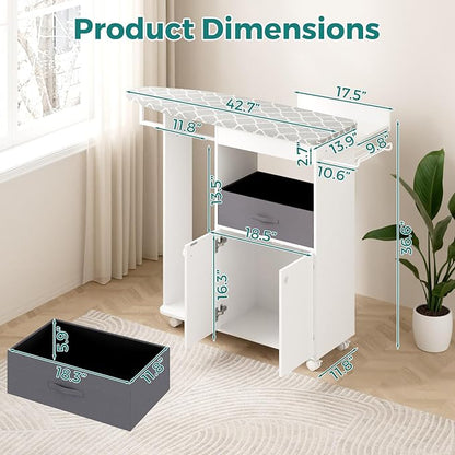 Rolling Ironing Board with Storage Cabinet, Wooden Ironing Board Cabinet with Drawer, Compact Space-Saving Ironing Table with Iron Rest Rack for Laundry Room, Living Room (One Size, Curvilinear)