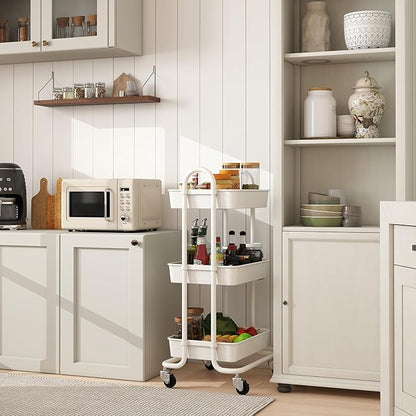 Sekey 3 Tier Rolling Cart Plastic, Easy Install Utility Cart on Wheels, Heavy Duty Storage Cart with Lockable Wheels for Baby Nursery, Bathroom, Kitchen, Laundry Room, White
