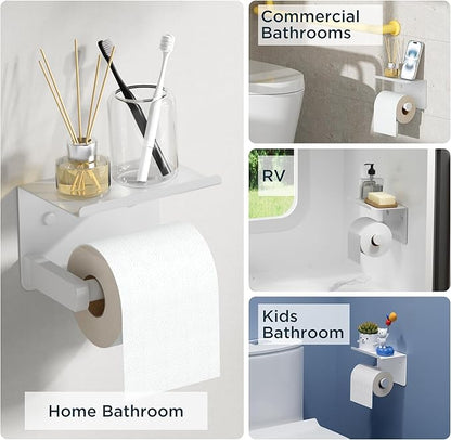 FORIOUS Toilet Paper Holder with Shelf, Adhesive or Screw Wall Mount Toilet Paper Roll Holder for Bathroom, Rustproof 304 Stainless Steel Toilet Roll Tissue Holder Dispenser with Shelf (1, White)