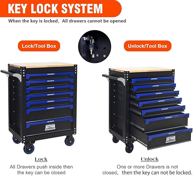 30 inch 7-Drawer Rolling Tool Chest with Wheels, Wood Countertop Heavy Duty Tool Cart, Locking System, Rolling Cabinet for Garage Warehouses, Repair Shops - Requires Assembly (Black&Blue)