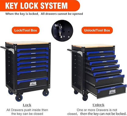 30 inch 7-Drawer Rolling Tool Chest with Wheels, Wood Countertop Heavy Duty Tool Cart, Locking System, Rolling Cabinet for Garage Warehouses, Repair Shops - Requires Assembly (Black&Blue)