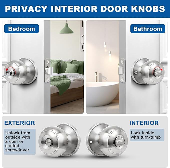 Sopoby Privacy Door Knob, 8 Pack Brushed Nickel Round Keyless Doorknobs Interior/Exterior Lockset, Privacy Locking Door Knobs for Bedroom/Bathroom, Modern Design Door Hardware