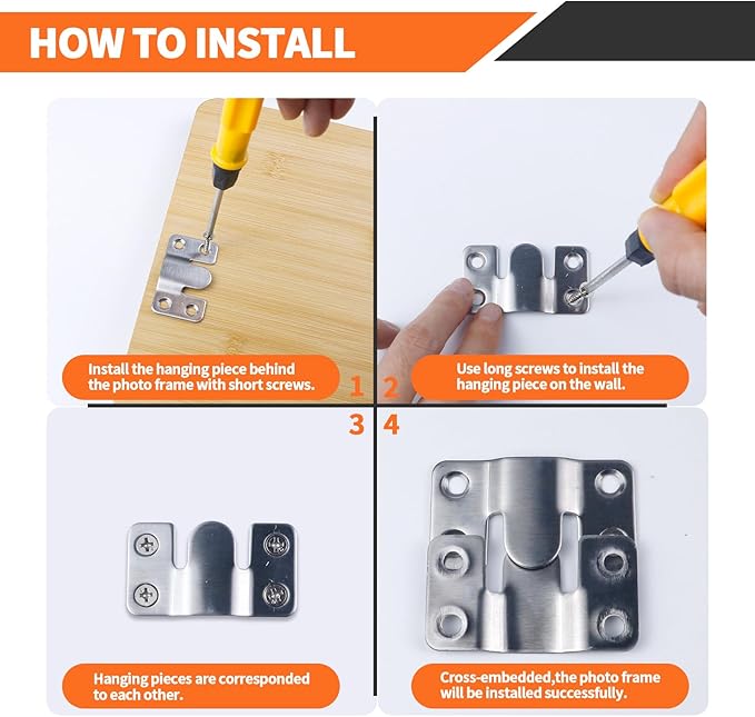 4 Pairs Stainless Steel Flush Mount Bracket, Interlocking Heavy Duty Photo Frame Hook, Interlocking Furniture Connector for Hanging Headboards Large Picture Display Wall Mount Hardware