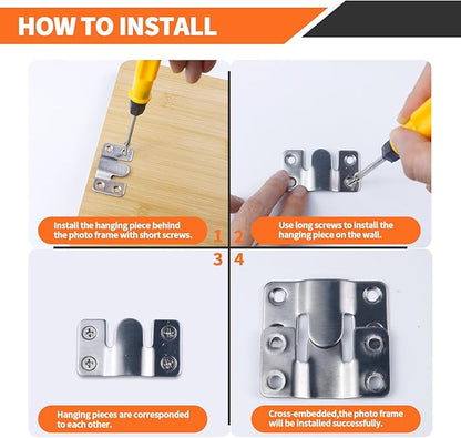 4 Pairs Stainless Steel Flush Mount Bracket, Interlocking Heavy Duty Photo Frame Hook, Interlocking Furniture Connector for Hanging Headboards Large Picture Display Wall Mount Hardware