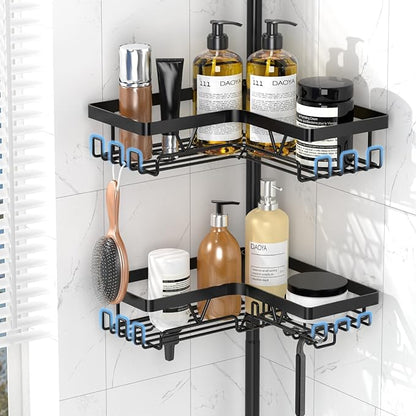 Corner Shower Caddy - 4-Tier Shower Caddy Tension Pole with 2 Removable Soap holders Bathroom Shampoo Holder for Bathtub & Corner, Black, Floor to Ceiling 25-114.2 inch