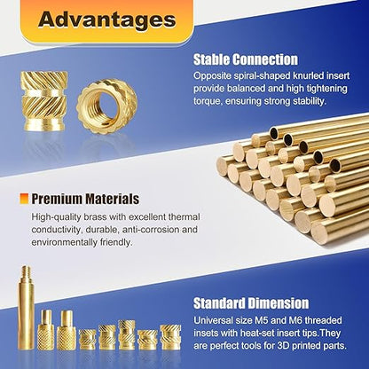 Kadrick 80 Pcs M5 M6 Threaded Inserts for Plastic with Heat Set Tips,M5 & M6(8mm-12mm Hight) Heat Heat Set Inserts Kit,Brass Inserts for 3D Pringting