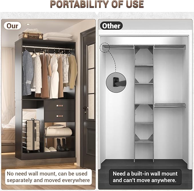 Armocity Freestanding Closet System with Suitcase Storage, 40 Inches Stand-alone Wardrobe with 2 Wood Drawers, 80'' Height Adjustable Cloth Garment Rack, Walk-in Closet with Hanging Rod, Black