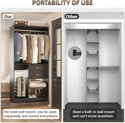 Armocity Freestanding Closet System with Suitcase Storage, 40 Inches Stand-alone Wardrobe with 2 Wood Drawers, 80'' Height Adjustable Cloth Garment Rack, Walk-in Closet with Hanging Rod, Black
