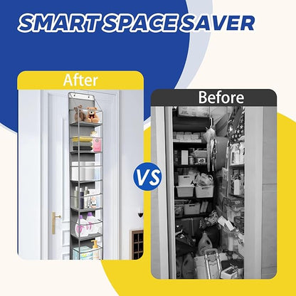 2 Packs Over The Door Organizer - 6-Shelf Hanging Storage Organizer with Clear Plastic Pockets - Large Capacity Pantry Storage Shelf for Bathroom, Bedroom, Nursery (Grey)