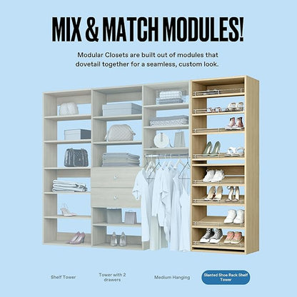 Modular Closets Vista Collection Slanted Shoe Shelf Tower Closet Organizer Unit (Oak, 19.5" Wide)