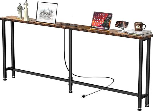 GRLEAF 63" Narrow Console Sofa Table with Built-in Power Strip (2 AC Outlets & 2 USB Ports) – 4.9ft Power Cord, Metal Frame, Easy Assembly, Ideal for Behind Couch, Hallway, and Office | Rustic Brown