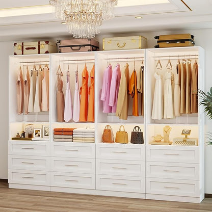 Closet System with 3 Sets, 6FT-15FT Customizable Closet Organizer System with 9 Drawers & 3 Shelves & 6 Hanging Rods, Modular L-Shaped Walk-in Closet or Freestanding Tower Closet Storage System, White
