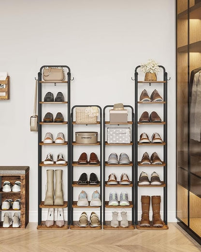 6 Tiers Vertical Shoe Rack, Narrow Shoe Tower, Tall Shoes Shelf with 2 Hooks, Adjustable Shelves, Corner Shoes Shelves for Small Spaces, Entryway, Living Room, Rustic Brown SR04201B