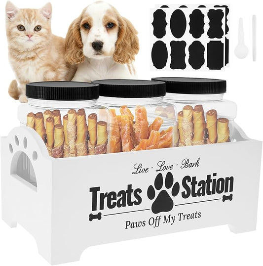 Dog Treat Container for Countertop Dog Food Storage with 3 Plastic Treat Jars Wood Dog Food Container with Handles and Lids Farmhouse Practical Pet Cat Dog Treat Storage Containers (white)