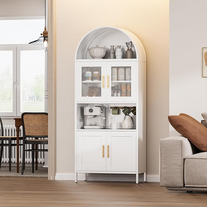 Metal Arched Pantry Cabinet,White Arched Kitchen Pantry Cabinet with 4 Doors for Kitchen Home, Assemble Required,White,72.83"×30.71" W×15.35" D