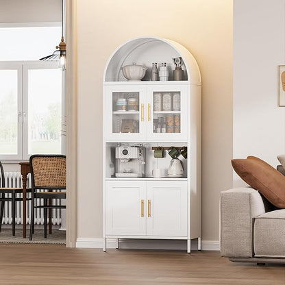 Metal Arched Pantry Cabinet,White Arched Kitchen Pantry Cabinet with 4 Doors for Kitchen Home, Assemble Required,White,72.83"×30.71" W×15.35" D
