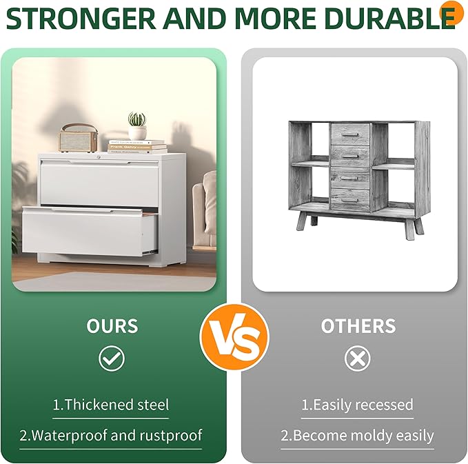 Lateral File Cabinet 2 Drawer, Metal File Cabinet with Lock, Wide Filing Cabinets for Home Office, White Locking Deep Drawer for Hanging Files Letter/Legal/A4/F4 Size, Printer Stand, Assembly Required