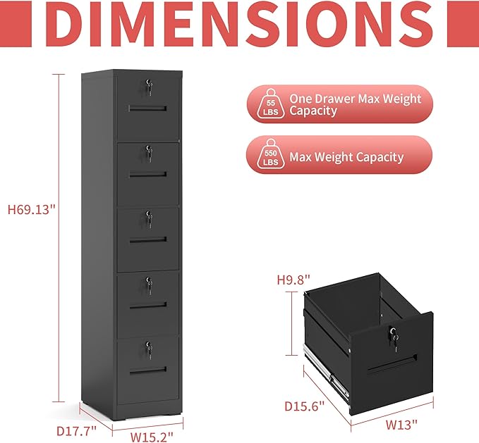 5 Drawer Metal File Cabinet with 5 Unique Locks Black Heavy Duty Locking File Cabinets Home Office Steel Filing Cabinet Vertical File Cabinets for Legal/Letter Size File,Assembly Required
