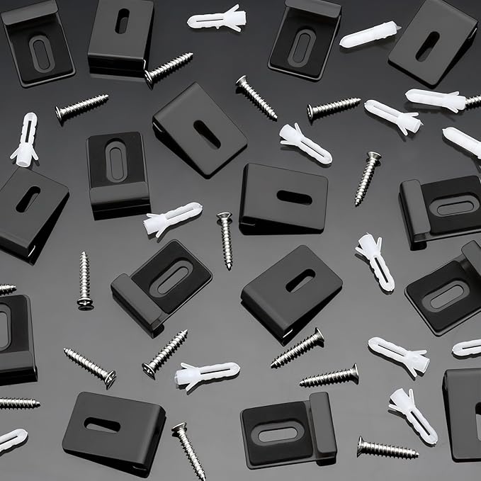 16pcs Metal Mirror Holder Kit, J Type Hanger Clip Kit with Screws Rubber Pads Hooks Heavy Duty Mirror Hanger Hardware for Frameless Mounting Wall Tile Billboard Display (Black)