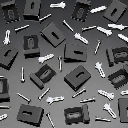 16pcs Metal Mirror Holder Kit, J Type Hanger Clip Kit with Screws Rubber Pads Hooks Heavy Duty Mirror Hanger Hardware for Frameless Mounting Wall Tile Billboard Display (Black)