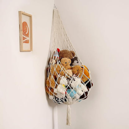 Stuffed Animal Storage Organizers Toy Hammock Corner Hanging Net Stuffy Animal Hammock Macrame Toy Display Plush Toy Holder Wall, Kid Bedroom Decor Boho Nursery Playroom Organizer (Cream XL)