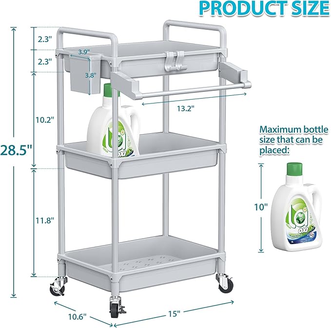 SPACEKEEPER Rolling Storage Cart, 3 Tier Utility Cart Laundry Room Organization Mobile Shelving Unit Bathroom Organizer with Towel Rack, Lockable Wheel, Hooks & Cup for Kitchen Office, Grey