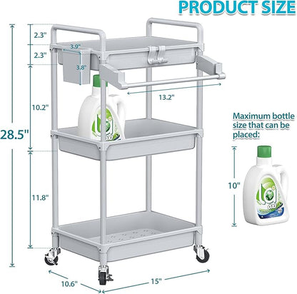 SPACEKEEPER Rolling Storage Cart, 3 Tier Utility Cart Laundry Room Organization Mobile Shelving Unit Bathroom Organizer with Towel Rack, Lockable Wheel, Hooks & Cup for Kitchen Office, Grey