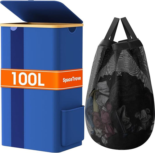 Laundry Basket Clothes Hamper with Lid and Pocket Large Collapsible Laundry Baskets with Handle, Blue Freestanding Hampers for Bedroom Aesthetic, Dorm, Bathroom, Laundry Room (100L)