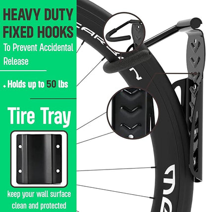 4 Pcs Heavy Duty Bike Wall Mount Hooks with Tire Tray-Vertical Bike Rack with Rubber Coated Hooks for Hanging Road,Mountain,and Hybrid Bicycle and for Garage Storage-Holds Upto 50Lbs