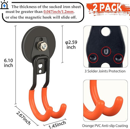 ULIBERMAGNET New Updated Garage Strong Magnetic Hooks, 2 Pack Heavy Duty Large J Hooks with Magnet, Anti-Slip Coating Magnet Hooks for Garden Tools, Ropes,Drill