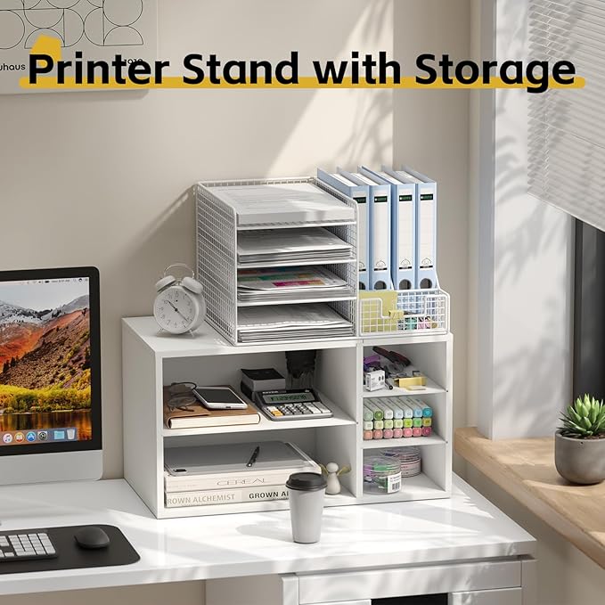 MARTY Printer Stand with Storage for Desk Large Desktop Printer Stand Desk Organizer with Paper Storage Holder File Organizer Wooden Printer Shelf Riser for Home/Office, White
