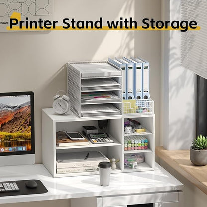 MARTY Printer Stand with Storage for Desk Large Desktop Printer Stand Desk Organizer with Paper Storage Holder File Organizer Wooden Printer Shelf Riser for Home/Office, White