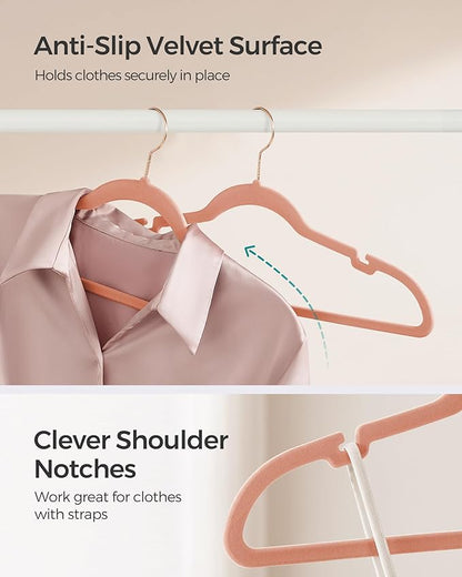 SONGMICS Velvet Hangers 50 Pack, Non-Slip Clothes Hangers, Suit Hangers with Shoulder Notches, Pants Bar, 360° Swivel Hook, Space-Saving, for Closet, Jelly Pink UCRF029PK05