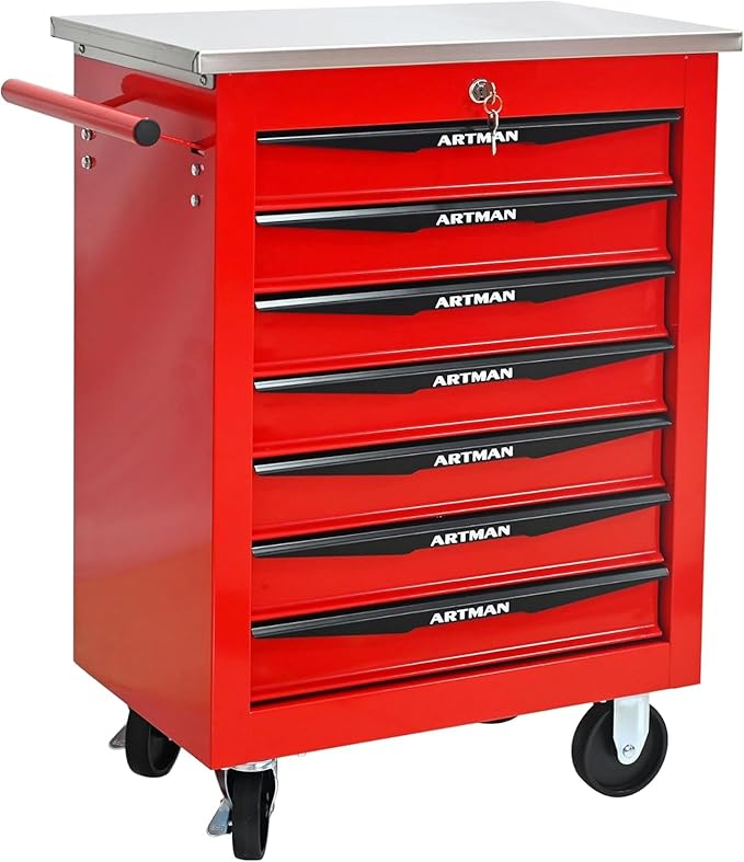 7-Drawer Rolling Tool Chest with Stainless Steel Countertop,Tool Chest with Secure Locking System,Mobile Storage Tool Cabinet with 360°Wheels and Padded Feet,for Home,Garage (Red)