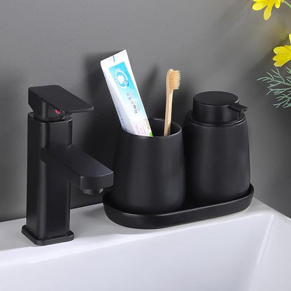 2 Pack Matte Black Round Soap Dispenser Tray - 8'' Ceramic Vanity Tray & Organizer Plate Set, Bathroom & Kitchen Countertop Decor for Soap Dispenser, Jewelry, Cosmetics, Sink