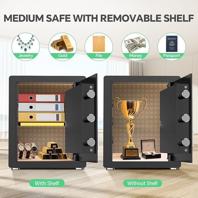 Security Safe with Digital Keypad & Alarm System - Electronic Lock Box for Jewelry Cash with Adjustable Shelves - Includes LED Light & Fireproof and Waterproof Bag(0.8/1.0/1.3/1.53/2.5Cuft)