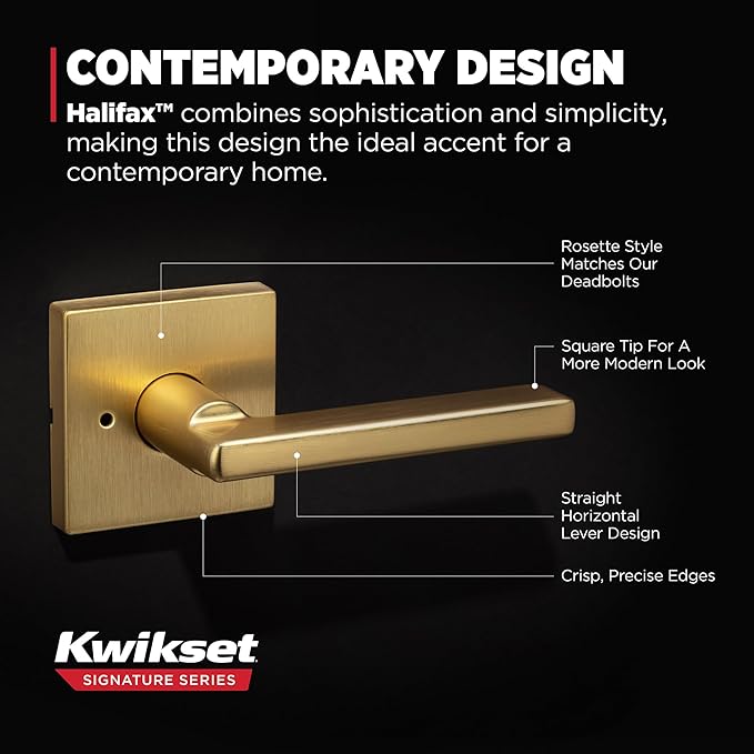 Kwikset Halifax Interior Privacy Door Handle with Lock, Door Lever for Bathroom and Bedroom, Satin Brass Reversible Keyless Push Button Lock Door Lever, with Microban Protection