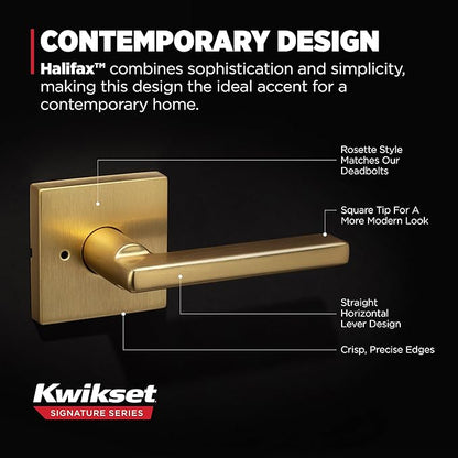 Kwikset Halifax Interior Privacy Door Handle with Lock, Door Lever for Bathroom and Bedroom, Satin Brass Reversible Keyless Push Button Lock Door Lever, with Microban Protection