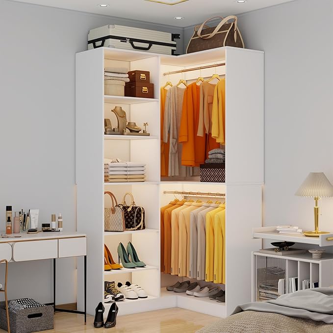 Corner Closet System with 6 Shelves, Custom 39.4"-78.8" Closet Organizer System with 3Hanging Rods, Walk in Corner Closet Organizers and Storage System, Freestanding Closet Storage System Corner,White