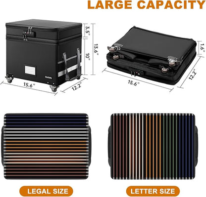 DocSafe Fireproof Document Box with Lock,2-Layer File Box with Wheels,Collapsible File Storage Organizer with Pockets,Large Portable Home Filing Cabinet for Hanging Folders,Black,16''x13.8''x12.2''