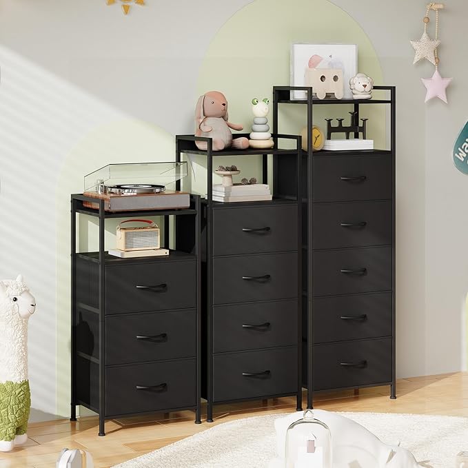 Somdot Nightstand with 3 Drawers, Dresser with Fabric Bins for Bedroom, Hallway, Entryway, Nightstand Bedside Table Furniture, Sturdy Steel Frame, Wooden Top, Easy Pull Fabric Bins, Black