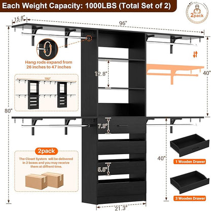 Aheaplus Closet System with Drawers Set of 2, Wood Closet Organizer System with 8 Hanging Rods & Top Shelves, Walk-in Closets Organizer Wardrobe Clothes Rack System, Cut Fits Spaces 4-9FT. Wide, Black