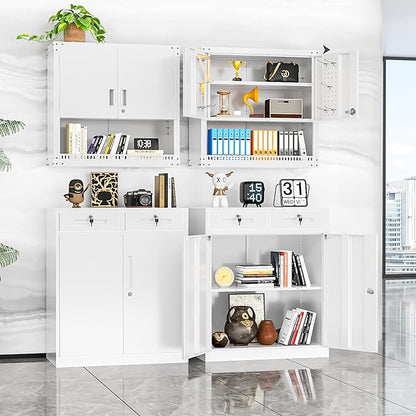 INTERGREAT Metal Storage Cabinet with 2 Drawers,36" White Metal Cabinets with Doors and Shelves, Garage Cabinet with Lock for Home Office, Garage, School, Apartment,Warehouse
