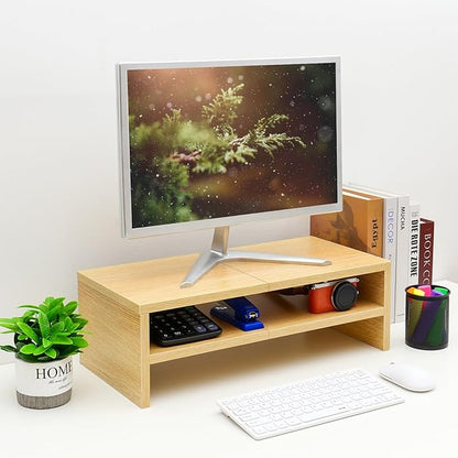 TEAMIX 2 Tiers Desktop Monitor Stand Riser 20 Inch Printer Stand with Storage Small TV Riser Laptop Wooden Desk Organizer Shelf Bookshelf Maple (Natural Maple, 2 Tiers)