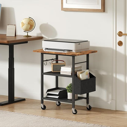 3-Tier Printer Stand, Rolling Printer Table on Wheels, Industrial Storage Stand with Side Pocket, Wooden Tabletop, 2 S-Shaped Hooks, for Home Office, Rustic Brown and Black PTHR2501
