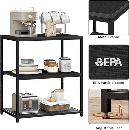 Kitchen Island with 3 Shelves, Kitchen Shelf with Large Workstation, Bakers Rack, Workbench, Metal Frame, Black